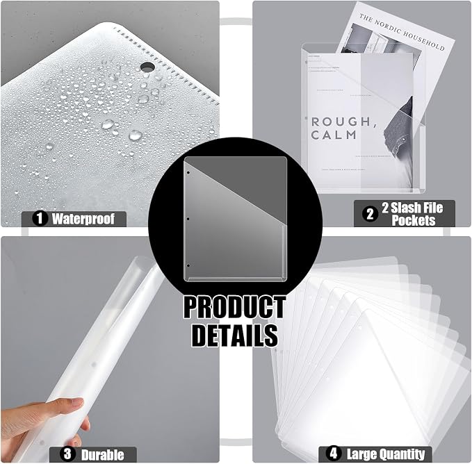 Seajan 200 Pcs Binder Pocket Folders, Clear 3 Ring Binder, Transparent | Plastic Folders Sleeves with 2 Pockets, Poly Slash File Jackets, 3 Hole Punched Dividers for School, Office, Documents - Image 3
