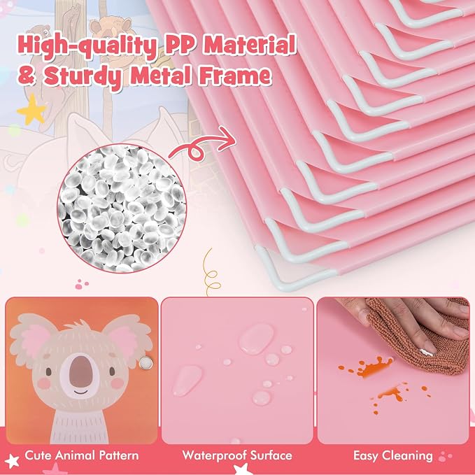 HONEY JOY Kids Wardrobe Closet, Baby Cartoon Clothes Storage Organizer, 12 Cubes & 2 Hanging Sections, Portable Children DIY Modular Bedroom Armoire Dresser Cabinet for Boys Girls (Pink) - Image 4