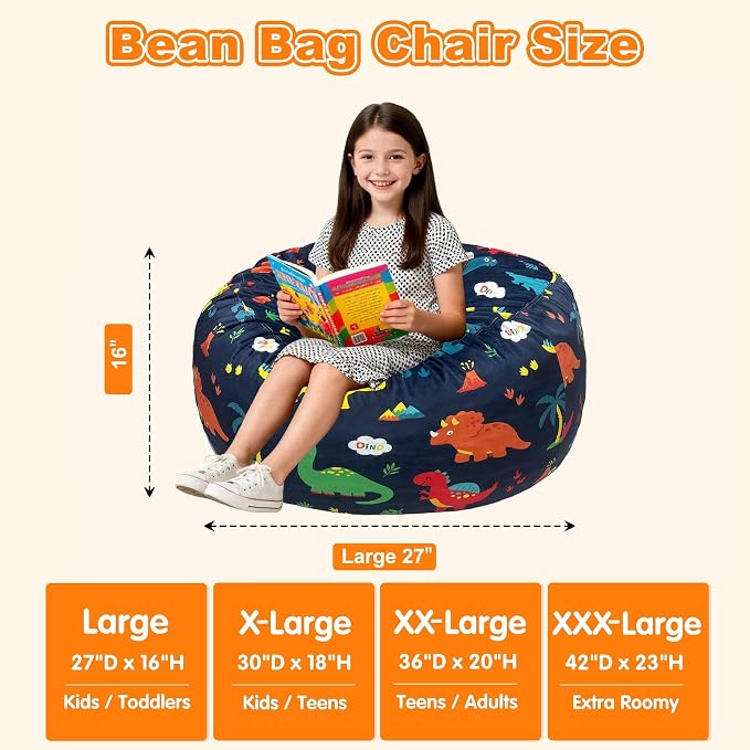 Lukeight Dinosaur Bean Bag Chair for Kids and Teens, Memory Foam Filled Floor Lounger, Washable Velvet Cover with Inner Liner, Beanbag Chair with Filling for Gaming and Reading, Large 27" D x 16" H - Image 2