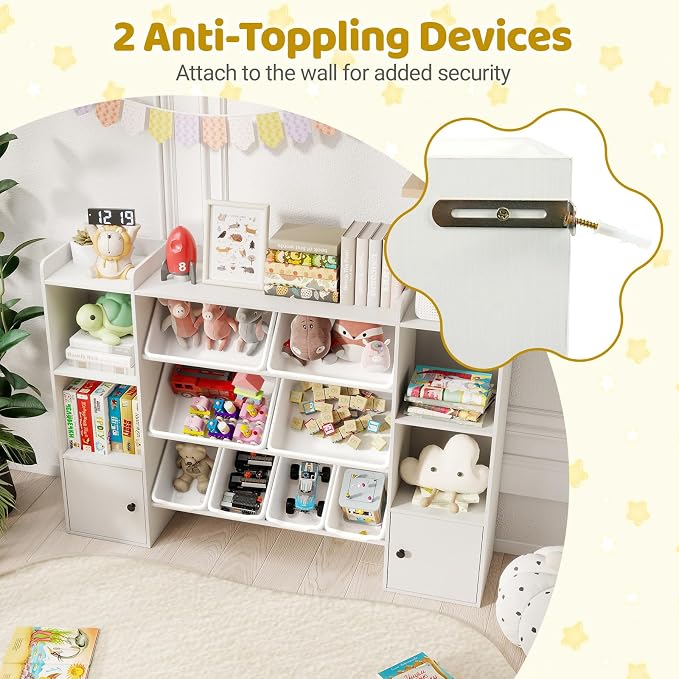 Costzon Kids Toy Storage Organizer w/ 8 Bins, Wooden Toddler Bookcase w/Open Shelves & Cabinet, Multifunctional Toy Storage Cabinet for Kids Room, Nursery & Playroom - Image 5