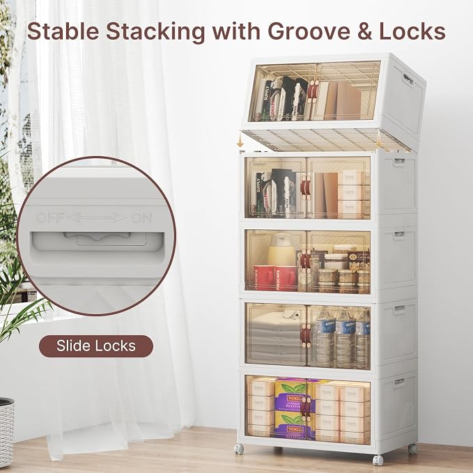 Stackable Storage Bins with Lids, 240QT Lockable Storage Cabinet | Closet Organizers, Foldable Storage Box with Doors and Wheels, Plastic Drawers for Home, Garage, Office (5, White, Medium) - Image 3