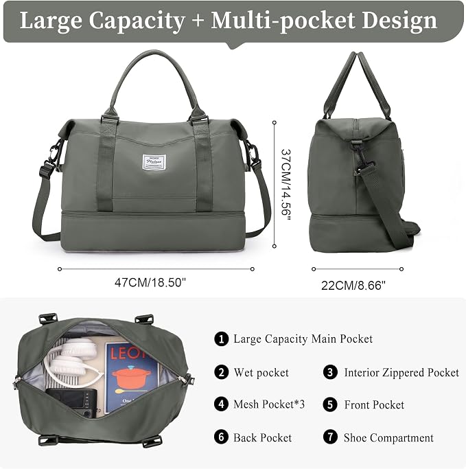 Weekender Bags for Women, Personal Item Travel Bag with Shoes Compartment | Overnight Travel Duffel Bag with Quilted Toiletry Bag, Airplane Friendly Carry-On Bag - Image 4