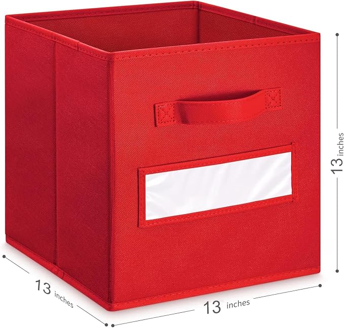 13x13x13 storage cube bins(Set of 10) Fabric storage cubes with 10 Labels Window Cards & a Pen, storage cubes 13x13, Collapsible 13 inch cube storage bins, Cubby Organizer Boxes, Red - Image 2