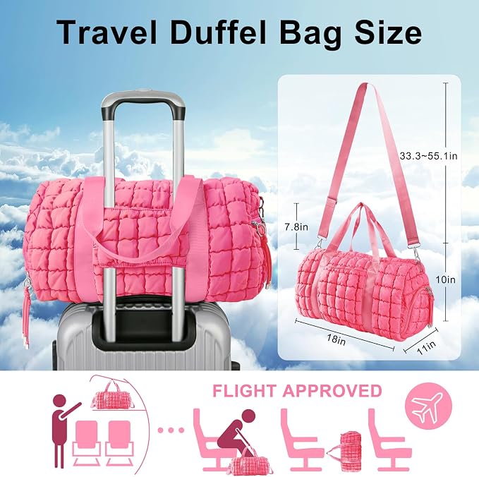 Quilted Travel Duffle Bag Gym Bag for Women,Large Puffer Duffle Weekender Bag with Compartment,Workout Overnight Carry on Organizer Bag Duffle Bag for Airplane Travel(Pink) - Image 2