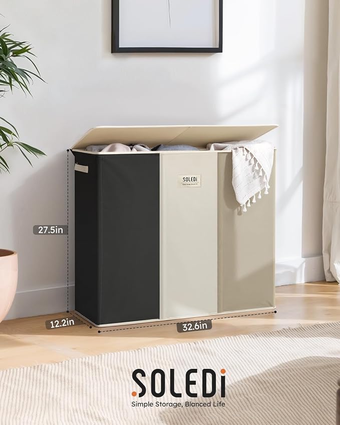 SOLEDI 180L 3-Section Laundry Hamper with Lid, Extra Large Dirty Clothes Basket with Sturdy Handles for Laundry Room & Bedroom - Durable Organizer for Sorting Laundry - Image 6