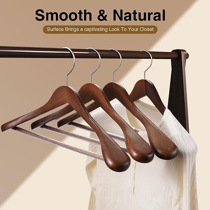Suit Hangers 6 Pack,Wide Shoulder Wooden Hangers,Solid Wood Coat Hangers with Heavy Duty Retotating Hooks & Non Slip Pants Bar,Smooth Finish Clothes Hanger for Sweater, Pants, Jacket(Walnut) - Image 5