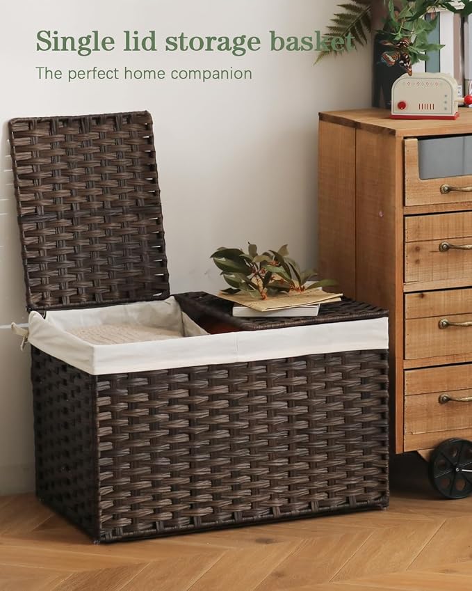 SETVSON Storage Basket with Lid PE Rattan Storage Basket 105L, Brown | 27.8 Gal Storage Bin with 2 Separate Lids, 2 Removable Liners for Clothes & Blankets, Sturdy Metal Frame, PE Rattan - Image 2