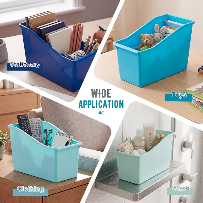 Geetery 12 Pcs Book Bin for Classroom with Labels Stackable Plastic Organizing Bins 11.5 x 5.4 x 7.5 in Book Holders Storage Bins Box Baskets for Classroom Library Home (Blue Color Scheme) - Image 5