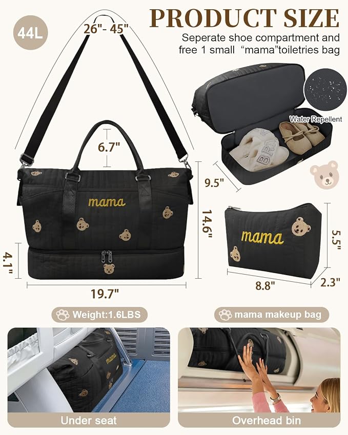 Mama Maternity Hospital Bag Essentials for Women Labor Delivery Baby Diaper Organizer with Shoe Compartment & Toiletry Pouch Travel Duffle Bag for Pregnancy Mommy Weekender Overnight Gifts,Black Bear - Image 5