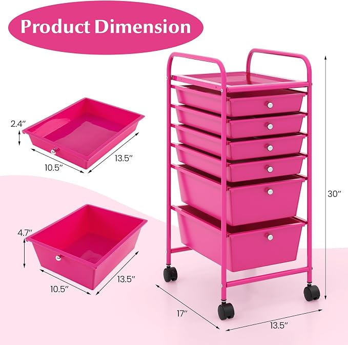 GOFLAME 6-Drawer Rolling Storage Cart, Multifunctional Art Craft Organizer, Mobile Utility Storage with Removable Drawers & Lockable Wheels, Craft Cart for Home Office, Hot Pink - Image 3