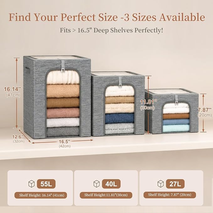 GoMaihe Clothes Storage Bins with Metal Frame for Closet, 40L 6-Pack Grey | Sweaters Hoodies Jeans T-Shirt, Closet Top Shelf Organizer, Steel Frame Collapse-Proof, Stackable, Clear Window, Dual Access - Image 4