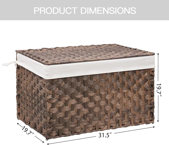 Wicker Storage Basket with Lid, 52.8 Gallon (200L) Large Blanket Basket with Lid, Woven Storage Bin with Handles, Removable Liner, Metal Frame, Foldable, for Bedroom, Laundry Room, Brown - Image 3