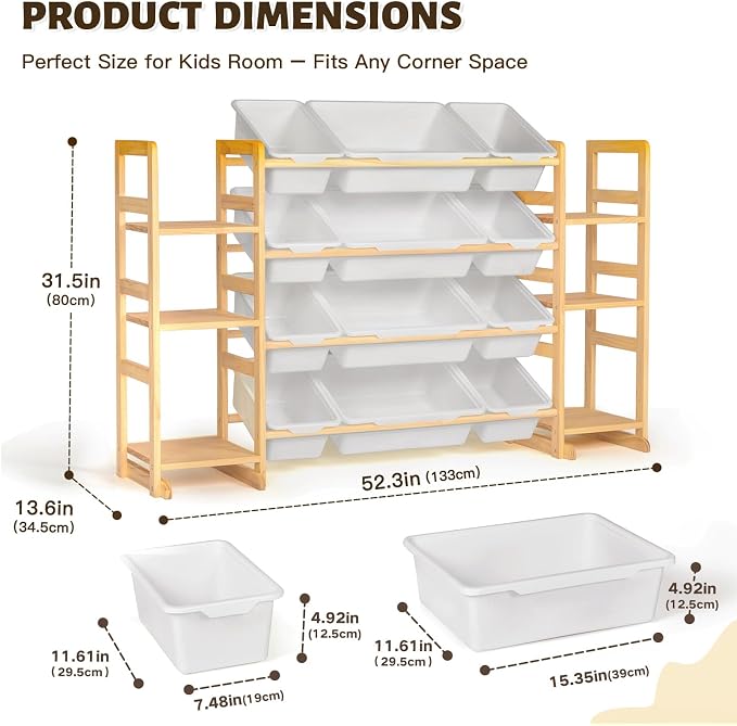 Wooden Toy Storage Organizer with 6 Shelves and 12 Bins, Toy Organizer Storage Kids Bookshelf, Toy Shelf for Playroom, Nursery, and Bedroom - Image 2