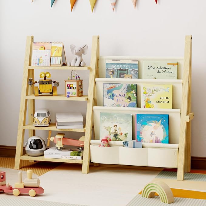 Toy Storage Organizer with Kids Bookshelf, Montessori Wooden Toy Organizer Book Shelf for Kids Rooms, Nursery, Playroom, Child, Baby, Toddler Bookcase, Toys Rack Fabric Sling Book Shelves by Unknown