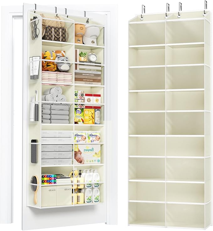 5-Tier Over The Door Organizer with 10 Side Mesh Pockets & Clear Windows, 80 lbs Weight Capacity Hanging Storage for Bathroom, Bedroom, Nursery, Kitchen, Organize Shoes, Diapers(Clear Beige) by PureSpace