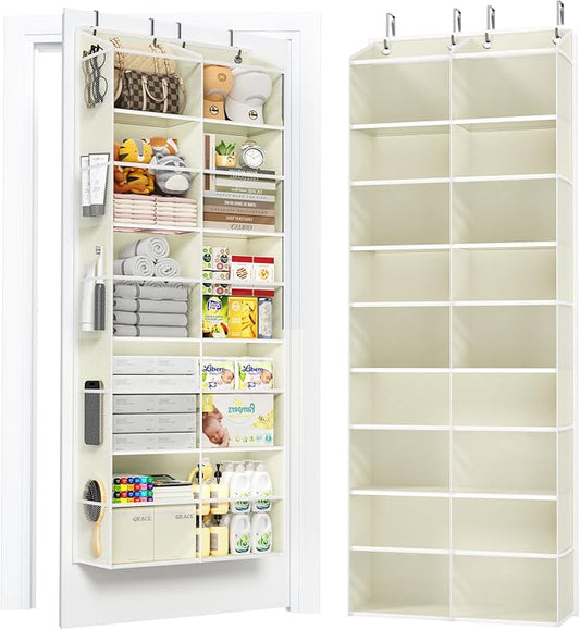 5-Tier Over The Door Organizer with 10 Side Mesh Pockets & Clear Windows, 80 lbs Weight Capacity Hanging Storage for Bathroom, Bedroom, Nursery, Kitchen, Organize Shoes, Diapers(Clear Beige) by PureSpace
