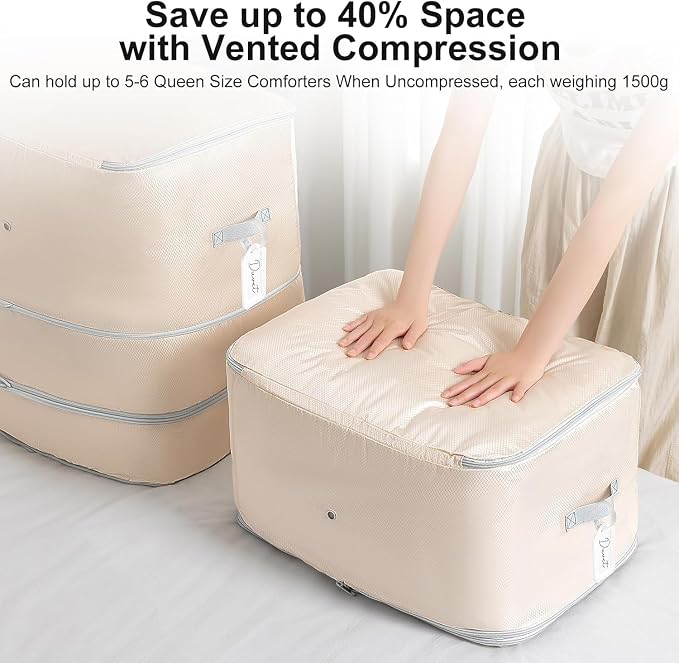Comforter Storage Bag -130L Large Capacity Blanket Storage Bags 3-Layer Ultra Space Saving Self Compression Organizer, Washable Compression Bags for Storage Comforter Blanket, 4-Pack, Beige - Image 2