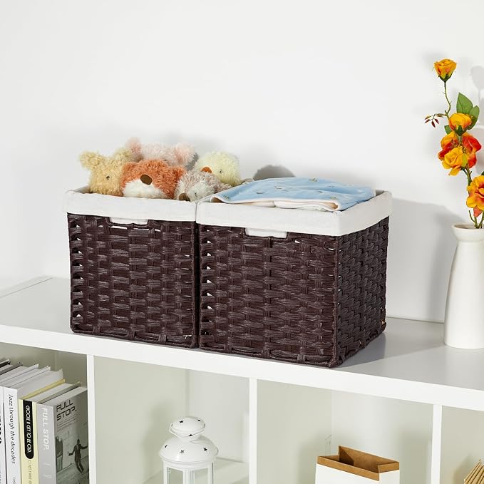 Bidtakay Wicker Storage Baskets with Liners 11x11 Storage Cube Bins for Organizing Imitation Rattan Woven Baskets 2-Pack Woven Storage Baskets with Handles for Pantry-Reddish Brown - Image 4