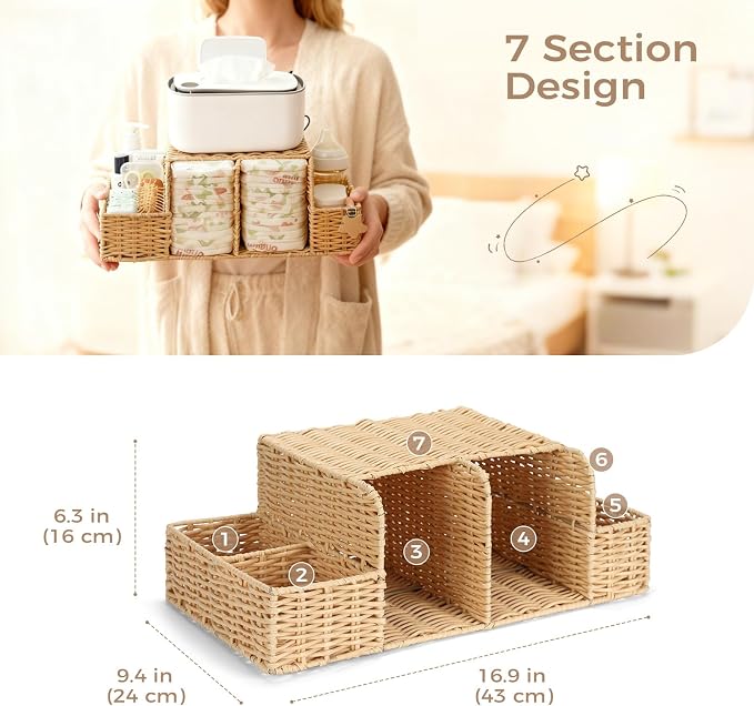 Diaper Caddy Organizer, Baby Changing Table Organizer | Hand Rattan Nursery Storage Basket for Baby Essentials, Perfect Nursery Assistant - Image 3