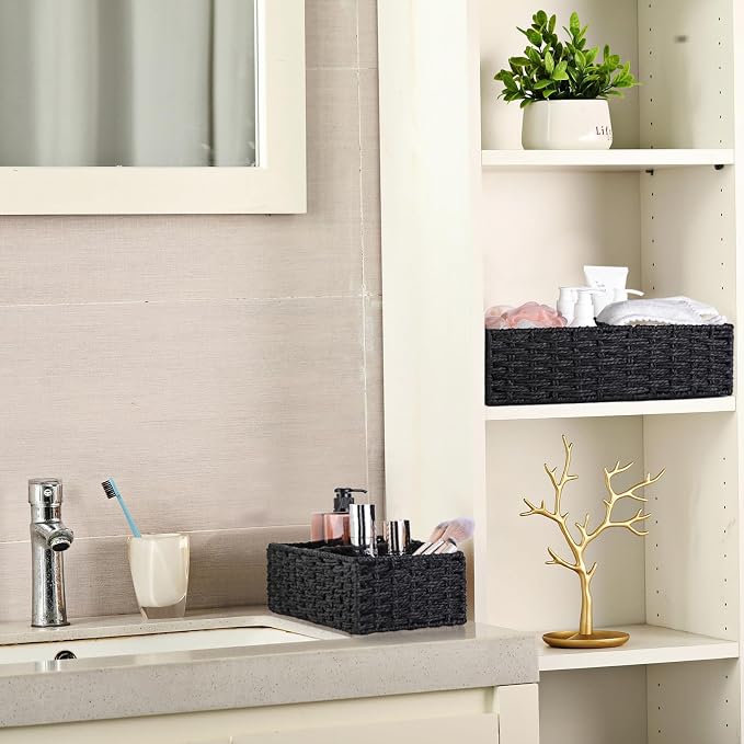 2 Section Wicker Storage Basket, Black Wicker Baskets, Toilet Tank Basket, Small Baskets for Organizing Storage Shelves, 2-Pack - Image 6