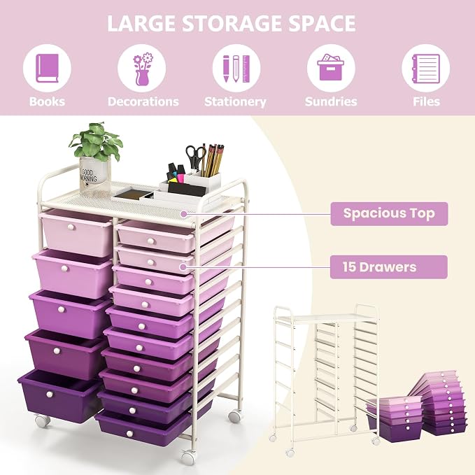 RELAX4LIFE 15 Drawer Rolling Storage Cart - Mobile Craft Art Supply Storage Organizer for Tool Scrapbook Paper Salon, Office School Classroom Teacher Rolling Cart with Drawers, Utility Cart on Wheels - Image 4