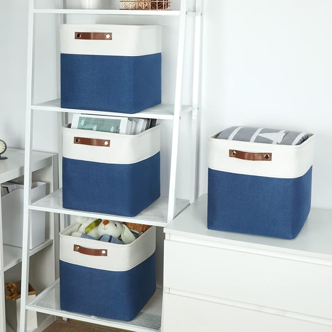 Temary Fabric Storage Cubes 4Pack Blue Fabric Storage Baskets 12 Inch Cube Storage Bins with Handles for Organizing Closet (White&Blue) - Image 5