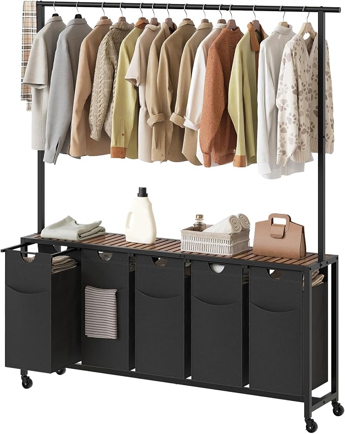 Laundry Hamper, Laundry Sorter 5 Section, Rolling Laundry Basket, Laundry Sorter with Hanging Bar, Hampers for Laundry, Laundry Basket Organizer for Laundry Room, Rustic Brown LS57BR by Yatiney