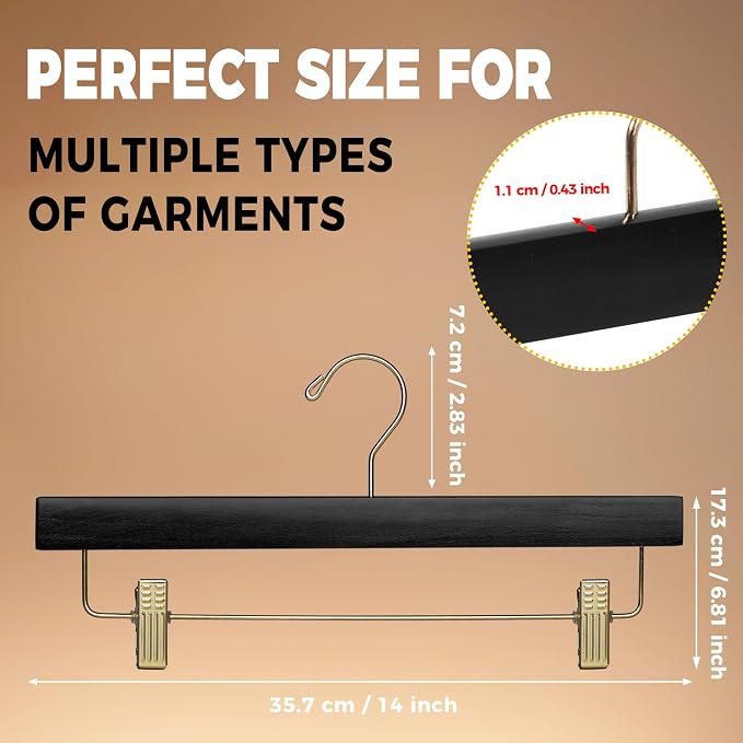 Quality Hangers Wooden Pants Hangers - Multi-Pack Swivel Hook Cloth Hanger Set - Lotus Wood Skirt, Pant, Shorts and Slack Hangers with Adjustable Clip – Clothing Hanger Set (Black - Gold Hook, 100) - Image 3