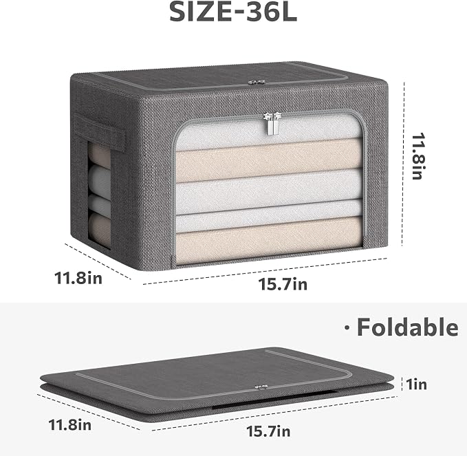 CYhom Clothes Storage Bins Box - Linen Fabric Foldable Stackable Container Organizer Set with Clear Window & Carry Handles & Metal Frame (Dark Gray, Medium-36L) - Image 5