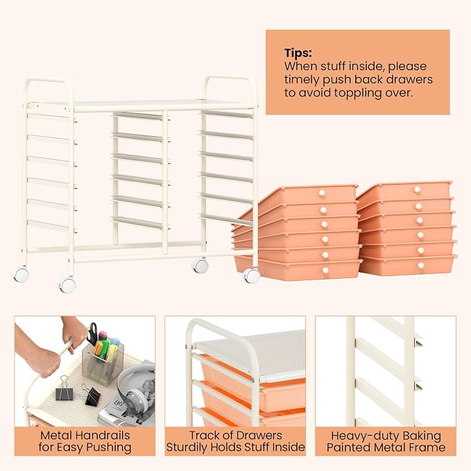 Giantex 12 Drawers Rolling Cart, Mobile Storage Drawer Cart, Classroom Organizer Cart for Office School Supplies Tools Scrapbook Paper Craft Small Printer, Utility Cart on Wheels, Peach Fuzz - Image 6