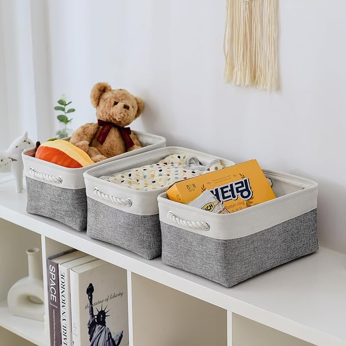 Storage Bins for Shelves - 13.8L×9.8W×6.7H inch 3 Pack Medium Collapsible Storage Baskets for Organizing | Fabric Storage Cubes for Linen Closet Toy Home (White&Grey) - Image 3