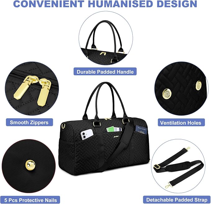 Women Weekender Travel Duffle Bag: Travel Duffel Overnight Bags with Shoe Compartment Large Carry on Tote with Toiletry Bag Weekend Traveling Yoga Gym Hospital Bag for Women with Wet Pocket Black - Image 6