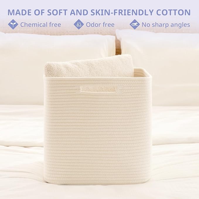 OIAHOMY 3 PACK Cube Storage Bin 13 Inch Collapsible Storage Cube White | Cube Storage Organizer Storage Bins for Shelves Baskets for Organizing Woven Rope Storage Baskets - Image 5