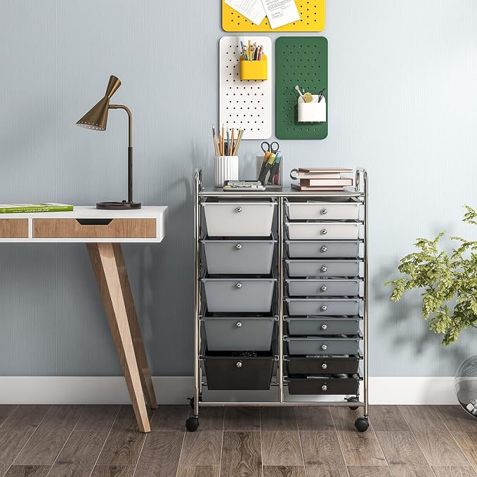 15 Drawer Rolling Storage Cart, Rolling Cart with Drawers for Classroom, Art Supply Craft Organizer on Wheel with Metal Frame & Handles for Home Office School - Image 8