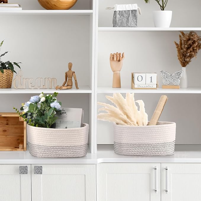 Sawysine 6 Pcs Storage Baskets Bulk for Organizing Cotton Rope Woven Basket with Handles for Gift Cloth Shelves Blanket Toys Living Room(White Grey) - Image 4