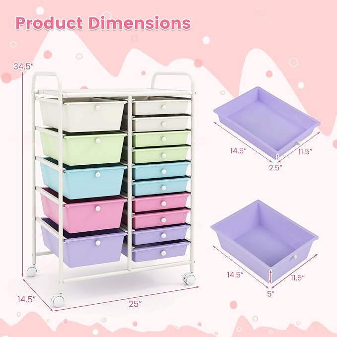 15 Drawer Rolling Storage Cart, Rolling Cart with Drawers for Classroom, Art Supply Craft Organizer on Wheel with Metal Frame & Handles for Home Office School (Ice cream color, 15 Drawer) - Image 2