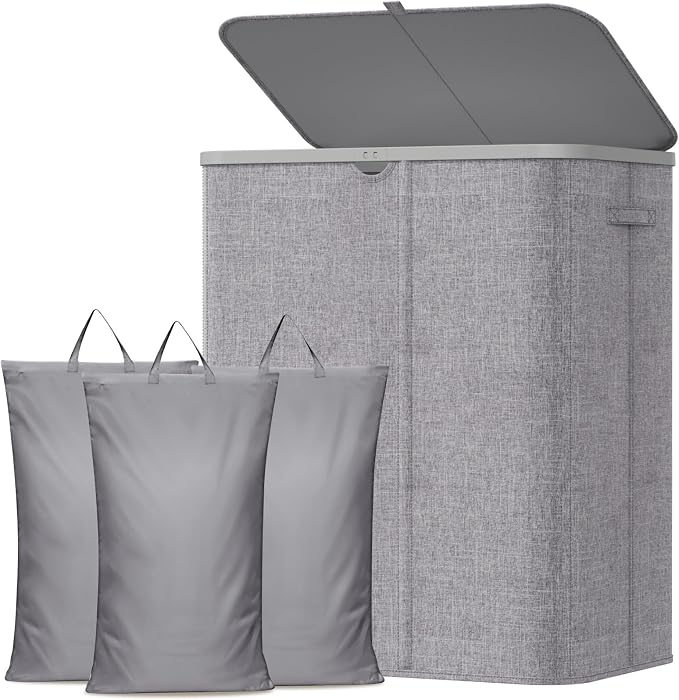 Lifewit 185L 3 Section Laundry Hamper with Lid, Laundry Basket, Light Gray | Large Foldable Laundry Sorter with 3 Removable Bags, Tall Clothes Hamper for Bedroom and Bathroom by Lifewit