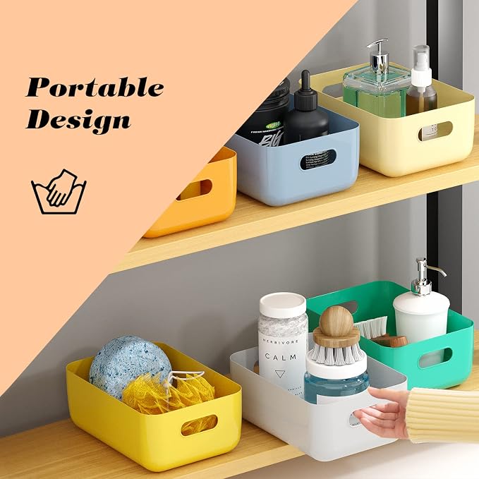 OWill 7 Pack Plastic Storage Bins, 4.2L Small Organizer Baskets with Handles, Pantry Cabinet Bathroom Classroom Storage Containers, Colorful Shelf Bins for Home Kitchen Closet Organization - Image 4