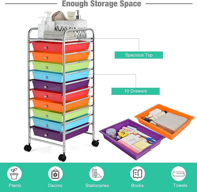 GOFLAME 10-Drawer Rolling Storage Drawer Cart, Utility Cart with Removable Drawers & Metal Frame, Mobile Art Craft Drawer Cart with Lockable Wheels for Home, Office, Studio, School, Multicolor - Image 5