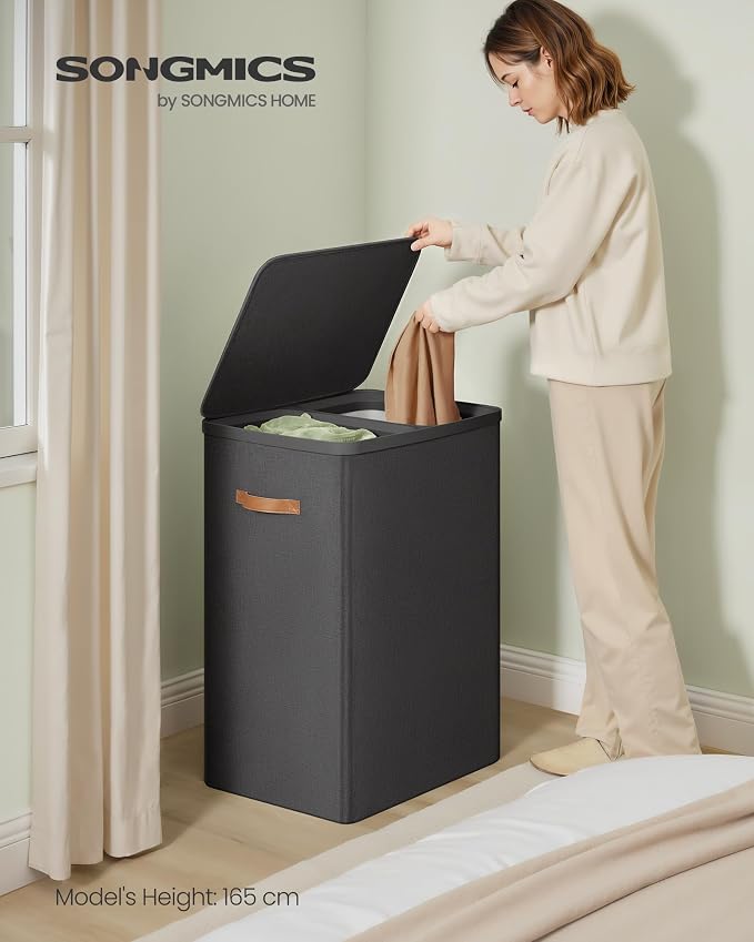 SONGMICS Laundry Basket, 44.9 Gal. Laundry Hamper, 2 Compartments, Easy Assembly, with Lid and Handles, Removable Liners, 22 x 15.7 x 29.5 Inches, Ink Black ULCB813B01 - Image 2