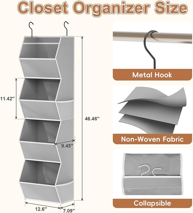 Hanging Closet Organizer 4 Shelf Collapsible Bedroom Closet Organizers and Storage Hanging with Mesh Pockets for Clothes, Fabric Hanging Storage Bins for Wardrobe Closet Organization and Storage, Grey - Image 3