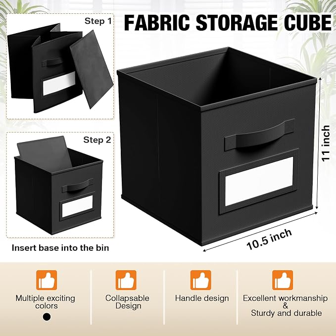 Teenyyou 10 Pack Fabric Storage Cubes 11 Inch Collapsible Cube Bins with Label Window & Handle Foldable Organizers Baskets for Shelf Closet Nursery Kids Room Clothes Book Toy(Black) - Image 3