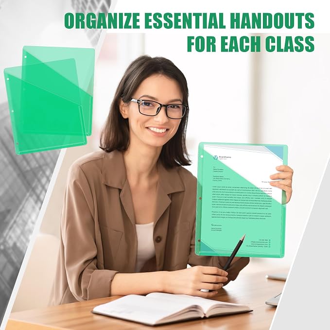 Seajan 100 Pcs Binder Pocket Folders, Clear 3 Ring Binder, Green | Plastic Folders Sleeves with 2 Pockets, Poly Slash File Jackets, 3 Hole Punched Dividers for School, Office, Documents - Image 5