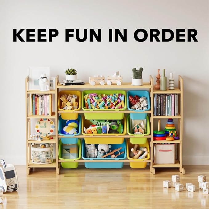 SpaceAid Large Toy Storage Organizer 9 Shelves 9 Bins, Toy Organizers Storage Bookshelf, Kids Bin Shelf Toys Box Bookcase for Bedroom Playroom Organization Room Decor, Multi-Colored - Image 6