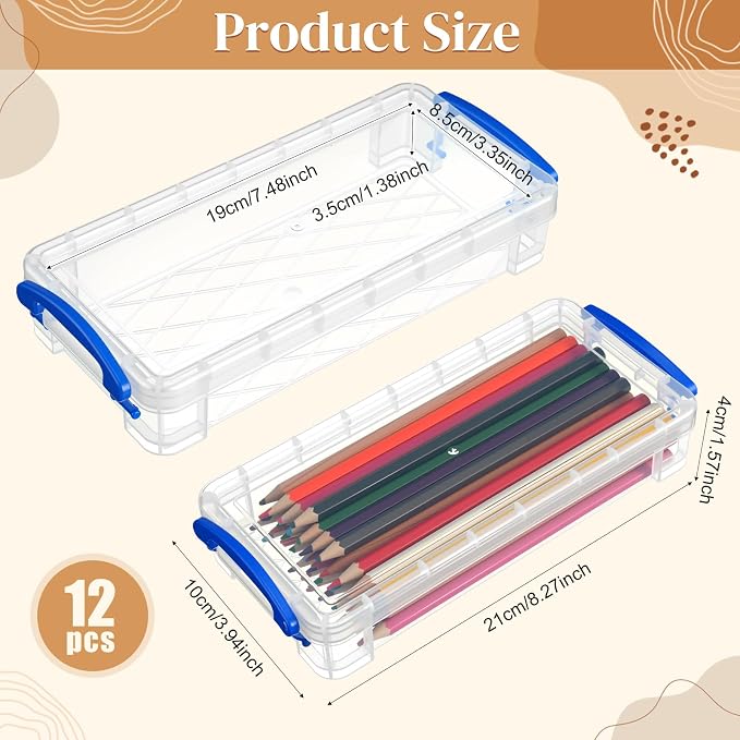 Gueevin 12 Pcs Large Capacity Plastic Pencil Box Clear Plastic Pencil Case Crayon Box with Snap Tight Lid Watercolor Pen Storage Brush Organizer Drawing Tools Container (Blue) - Image 2