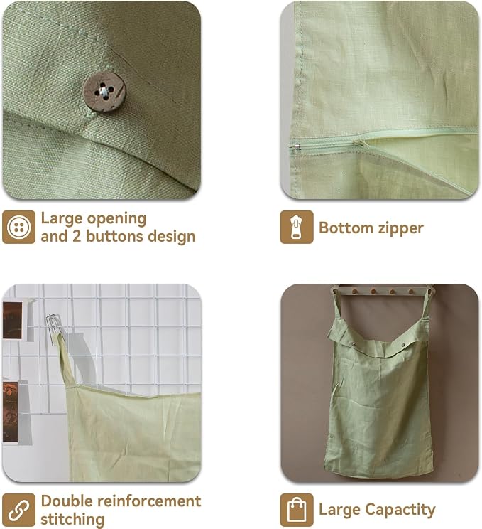 100% Linen Hanging Laundry Hamper Bag 20x27Inch, Over the Door with 2 Buttons and Bottom Zipper Saving Space Wall Back organizers For Dirty Clothes Dorm Travel College Camp Sock Large Capacity,Green - Image 4