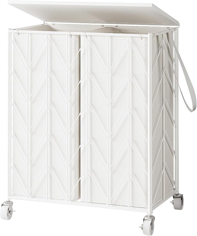 WOWLIVE Double Laundry Hamper with Lid, Rolling Laundry Basket with Wheels | Heavy Duty Wire Clothes Hamper with Divided Removable Bags, Large Iron-Made Laundry Sorter Laundry Room Organization, White by WOWLIVE