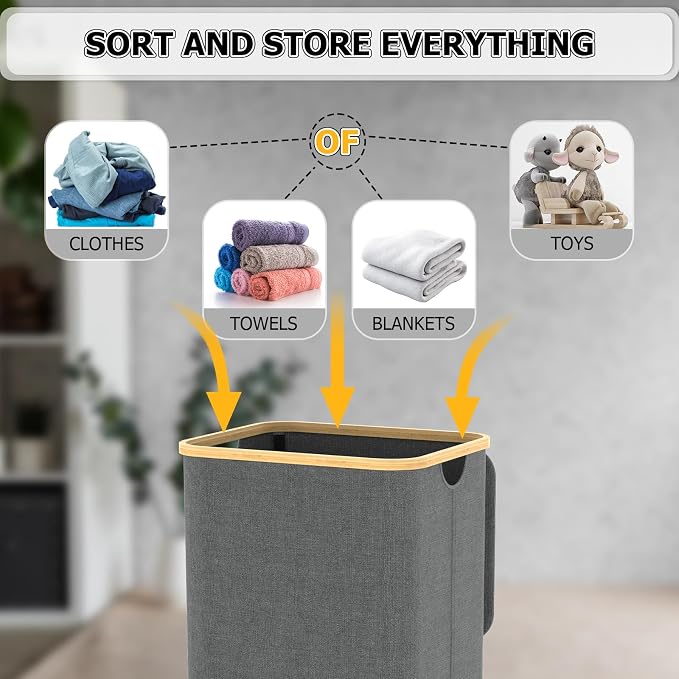 Laundry Basket with lid, Collapsible Laundry Hamper with Bamboo Handle, Dirty Clothes Hampers with Removable Laundry Bag for Clothes Toys Towels (Grey, 100L 2 Pack) - Image 5