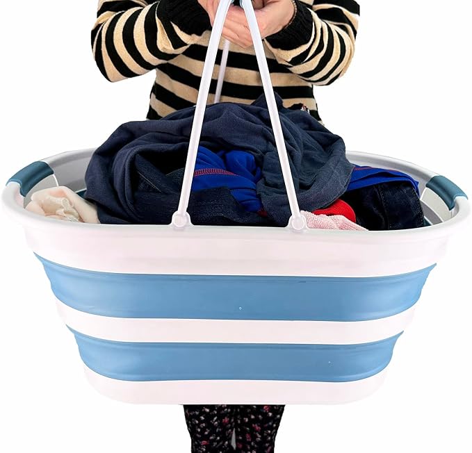 SAMMART 38L (10 Gallons) Collapsible Plastic Laundry Basket - Foldable Storage Container/Organizer - Portable Washing Tub - Space Saving Laundry Hamper (White/Adriatic Blue) - Image 5