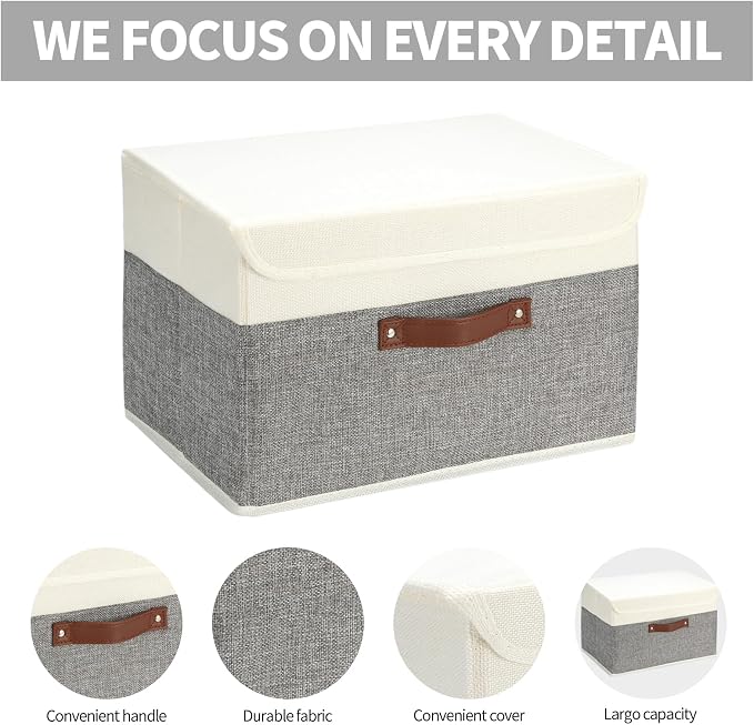 SAMORADREA 8 Pack Storage Bins Foldable Storage Boxes Fabric Storage Box with Lid & Handle Large Washable Organizer Bulk for Office, Home, Books, Clothes, Bedroom, Closet, (15INx10INx10IN White/Grey) - Image 2